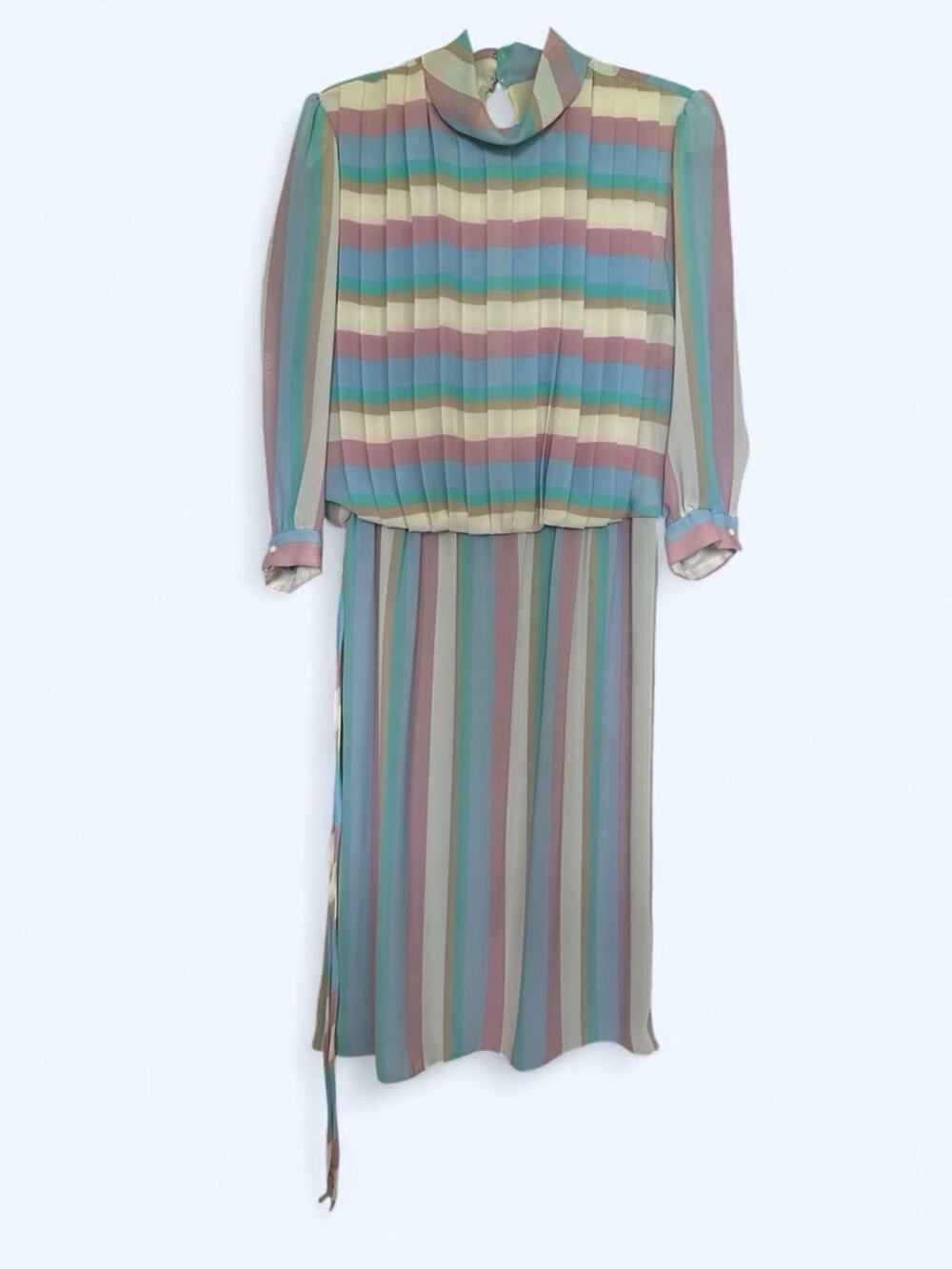 ILGWU Young Garé 70s 80s pastel striped dress with pleats Medium